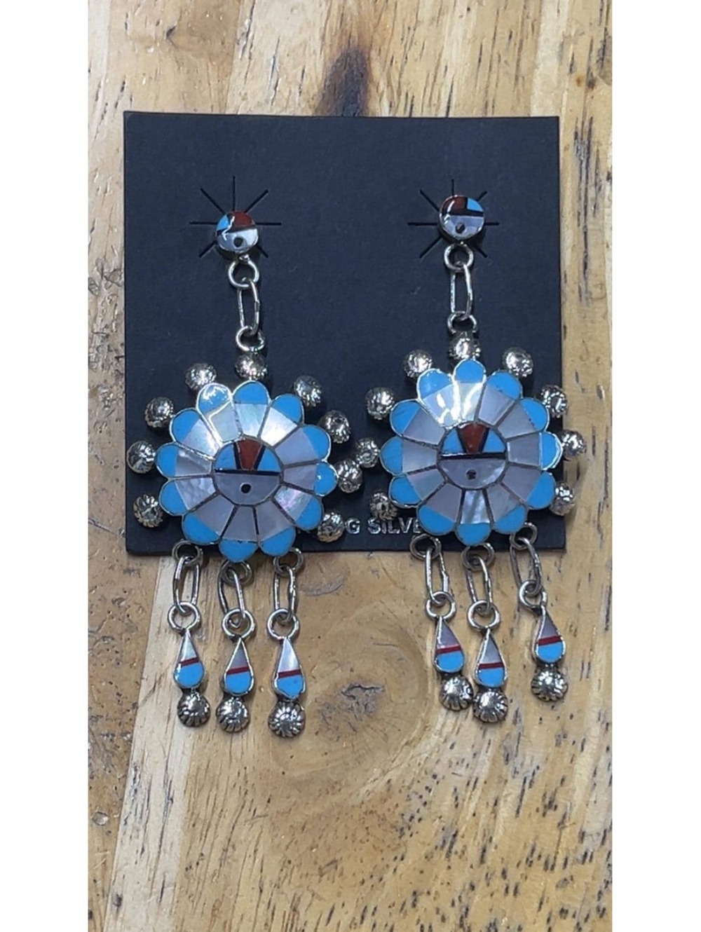 Zuni sterling silver turquoise, mother of pearl, onyx inlay traditional sunface
